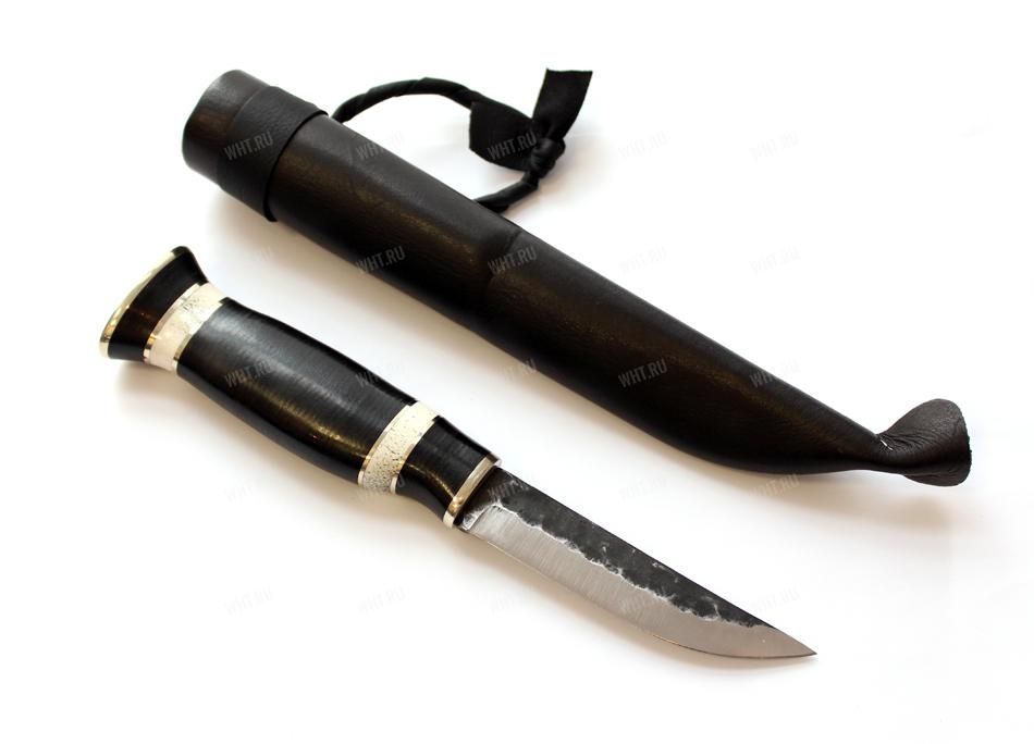 Лапландский охотничий нож, рукоятка из кожи (черная), Wood Jewel 